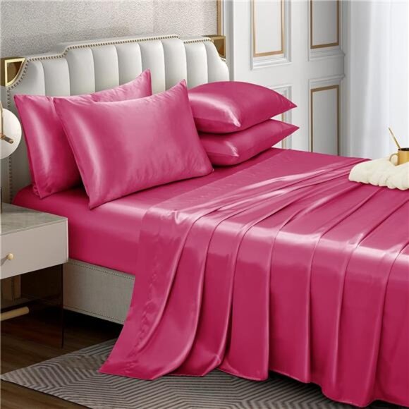 Horbaunal 6 Piece Satin Sheet Set King Size Luxury Silky & Soft Hot Pink Satin - Picture 1 of 16